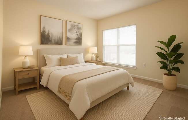A bedroom with a large bed, two lamps, and a potted plant.