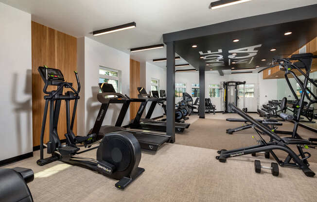 A gym with a variety of exercise equipment including treadmills, stationary bikes, and weight machines.
