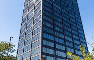 looking up at the west facade of the prudential tower