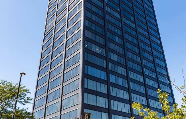 looking up at the west facade of the prudential tower