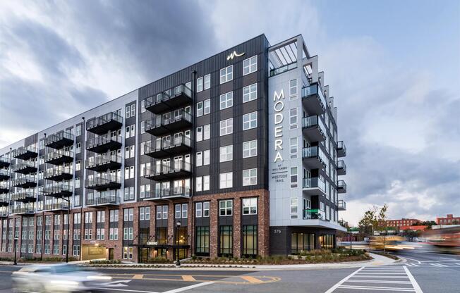 Street-level views of Modera Westside Trail showcase clean lines, private balconies, and a design that connects seamlessly to the surrounding Atlanta neighborhood.