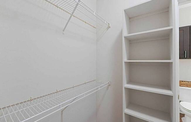 A white pantry with shelves and a toilet visible.