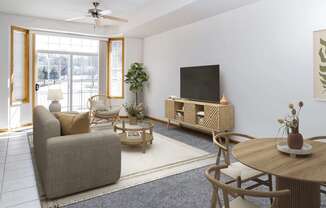 a living room with white walls and a sliding glass door