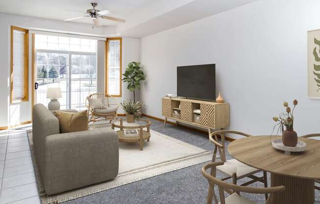 a living room with white walls and a sliding glass door