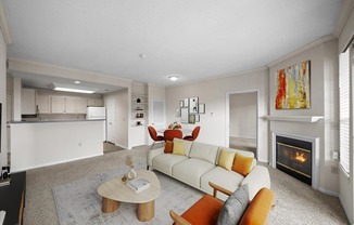 A living room with a fireplace and a couch.