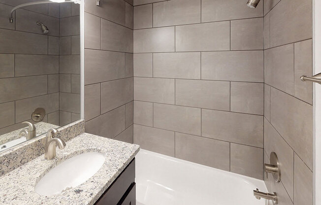 Modern interior view of bathroom in apartment unit at Woodlee Terrace Apartments, Woodbridge, VA, 22192