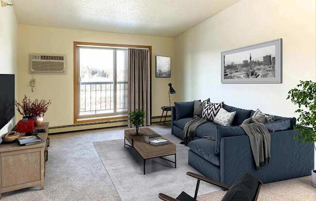 A living room with a blue couch and a television.