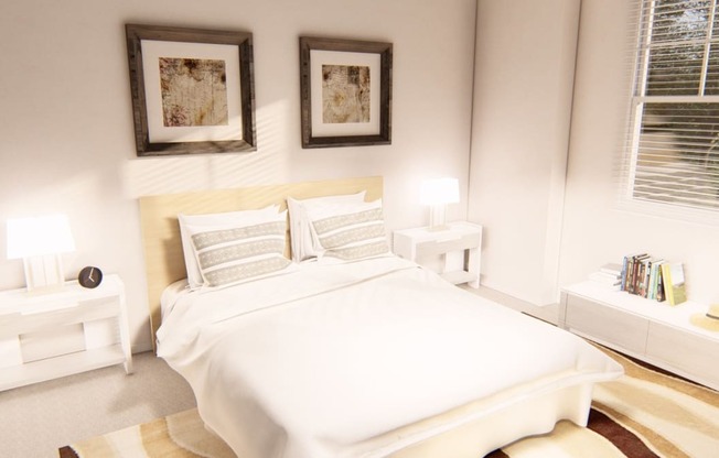 a bedroom with a bed two night stands and two windows at Brownstones at Palisade Park Townhomes, Broomfield Colorado