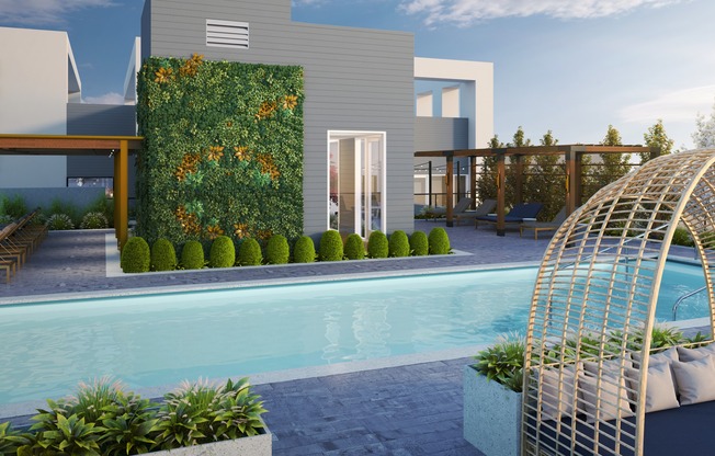Hotel-Inspired Outdoor Pool with Luxe Cabanas, Lounge Seating, Green Wall Accents & More