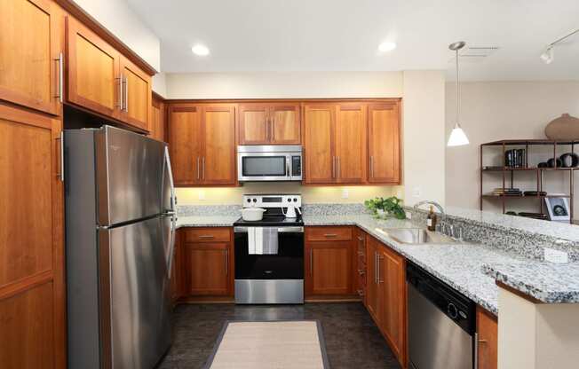 a kitchen with stainless steel appliances and granite counter tops