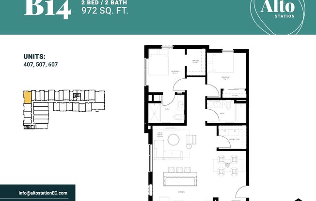 2 beds, 2 baths, 972 sqft, $1,850, Unit 407