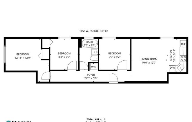 3 beds, 1 bath, 632 sqft, $2,200, Unit 1456-G1