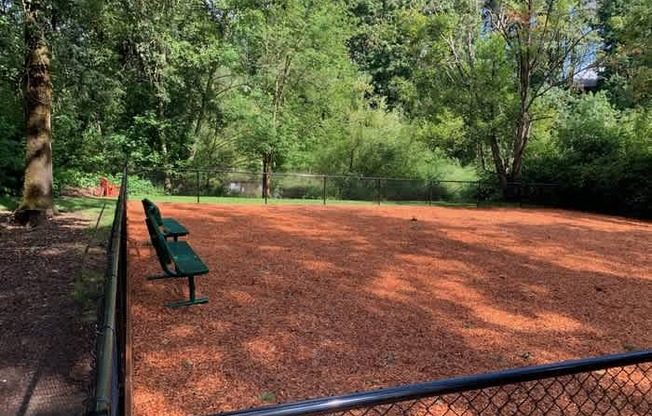 chain link fence surrounds a clean dog park with a bench