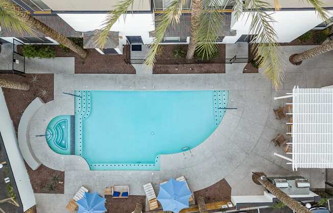 a view of the pool from above at the ace hotel anaheim resort