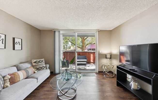 A living room with a grey couch and a glass coffee table.