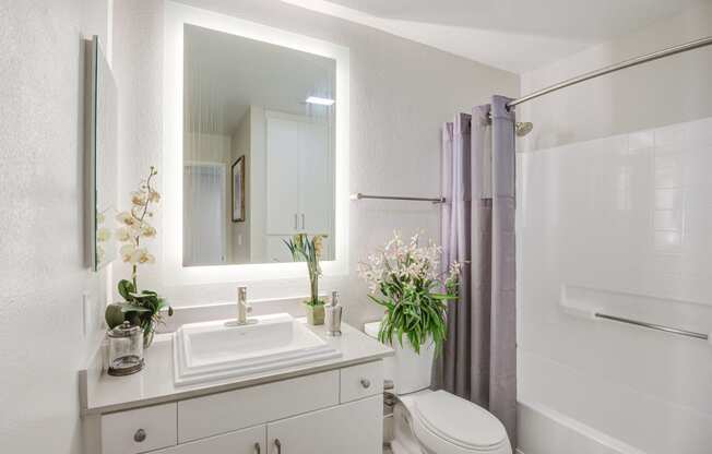 a bathroom with a white toilet next to a white sink with a mirror above it  at Laguna Gardens Apts., Laguna Niguel, CA, 92677