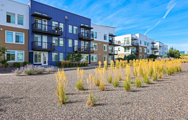 A row of modern apartment buildings with balconies and a gravel lot in the foreground.