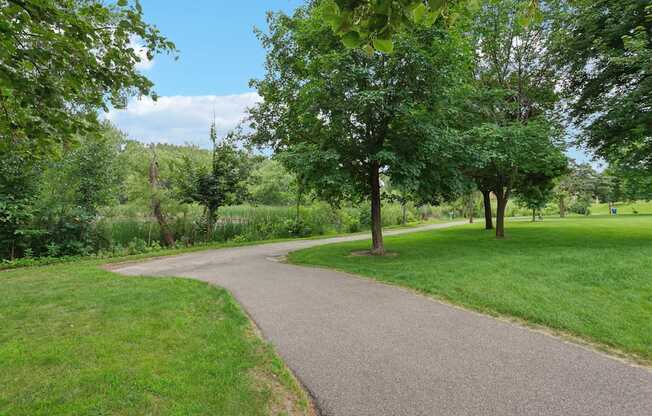 A pathway in a park with trees on both sides.