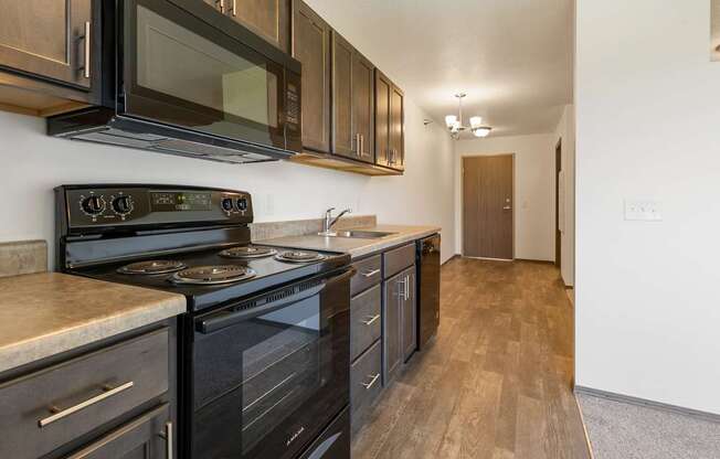 A kitchen with black appliances and wooden cabinets.