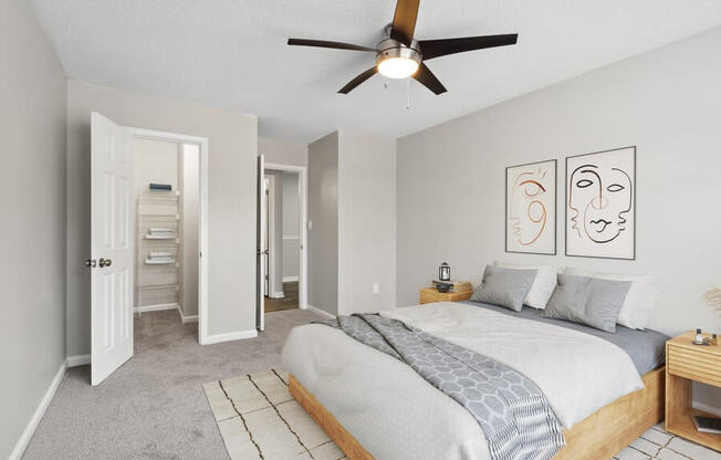 Model Bedroom with Carpet & Walk In Closet at Element 41 Apartments in Marietta, GA.