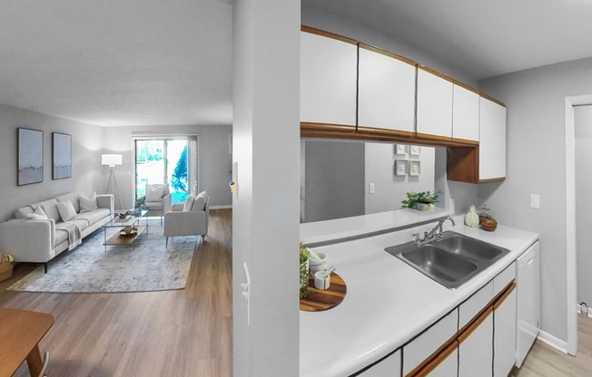 a kitchen and living room in an apartment