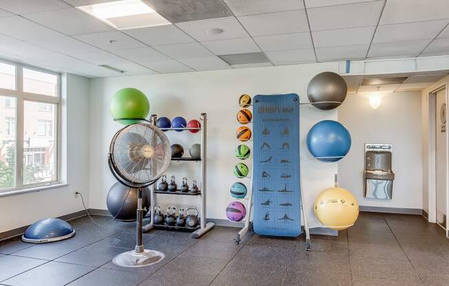 a gym with a fan and various spheres on the wall