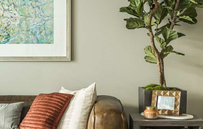 a living room with a brown leather couch and a potted plant