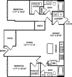 2 beds, 2 baths, 1,086 sqft, $1,834