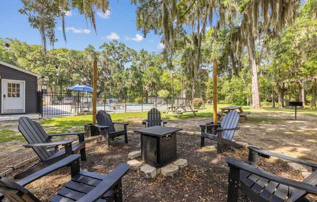 A backyard with a fire pit and chairs.