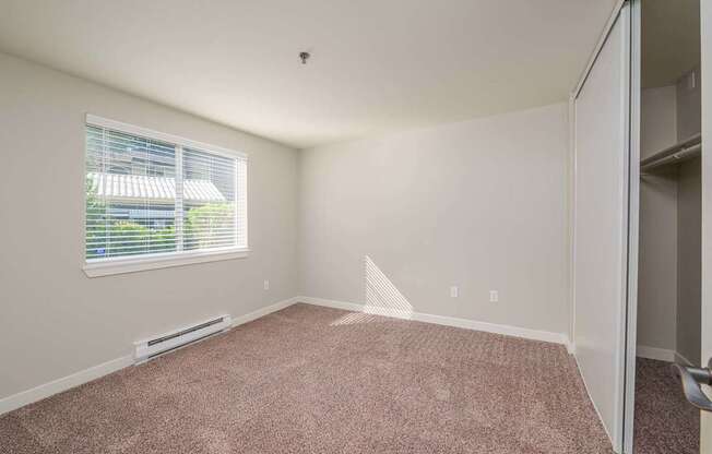A room with a window and a carpeted floor.