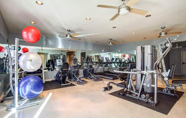 A gym with a variety of equipment including a weight bench, a rowing machine, and a treadmill.