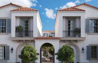 a rendering of a white house with an archway and a courtyard