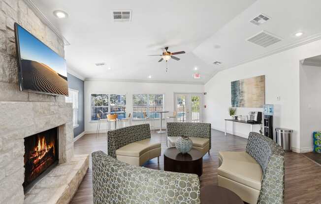 the preserve at ballantyne commons community living room with fireplace