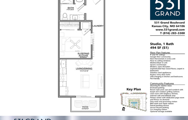 Studio, 1 bath, 494 sqft, $1,324, Unit 529