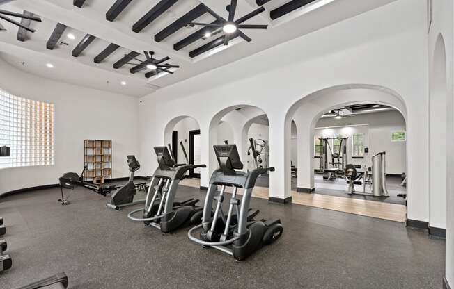 a gym with cardio machines and weights in a room with archways