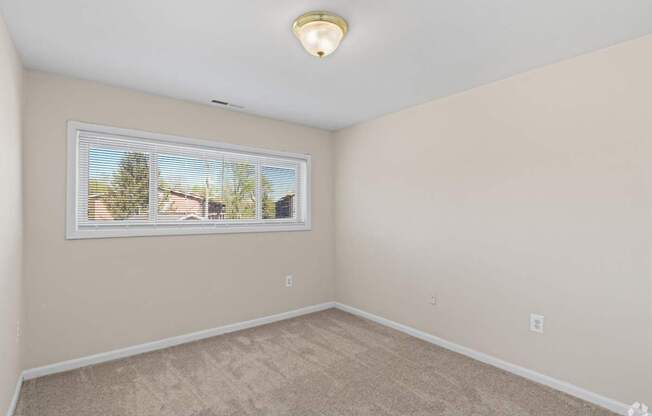 A room with a window and a carpeted floor.