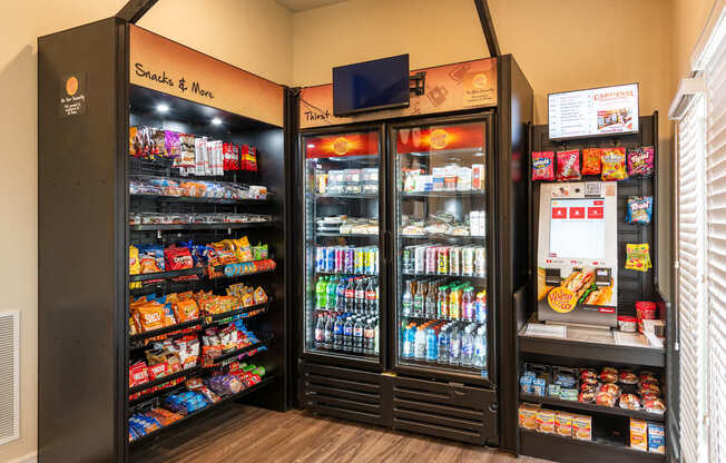 A snack and drink vending machine with a variety of items.