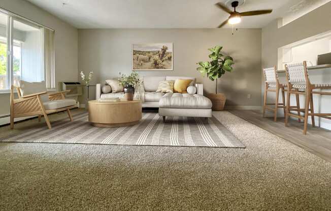 A living room with a rug, a couch, a chair, a table, a potted plant, and a painting on the wall.