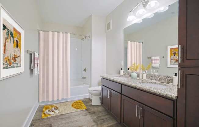 a bathroom with a shower toilet and sink and a mirror