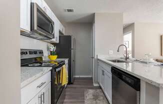 A kitchen with a black dishwasher and a black stove top oven.