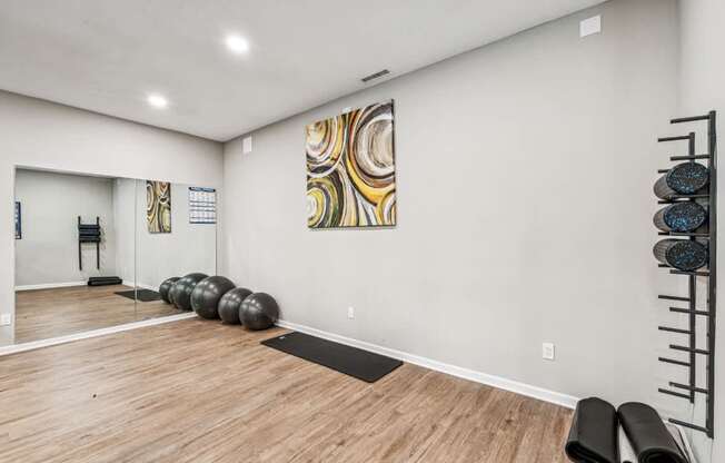 A room with a yoga mat and exercise balls on the floor.