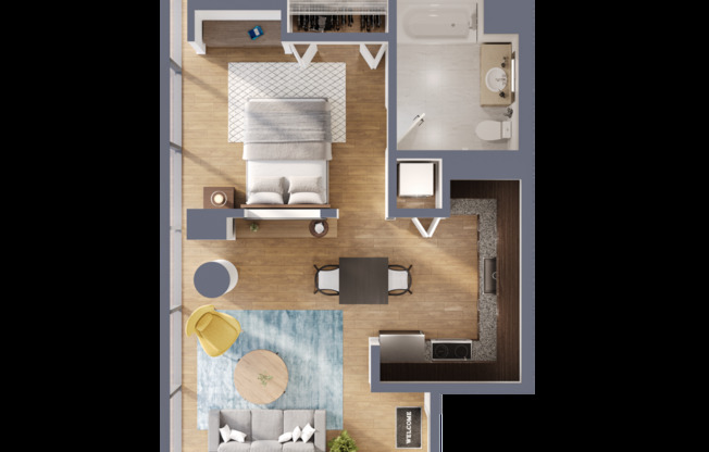 1 bed, 1 bath, 589 sqft, $2,640