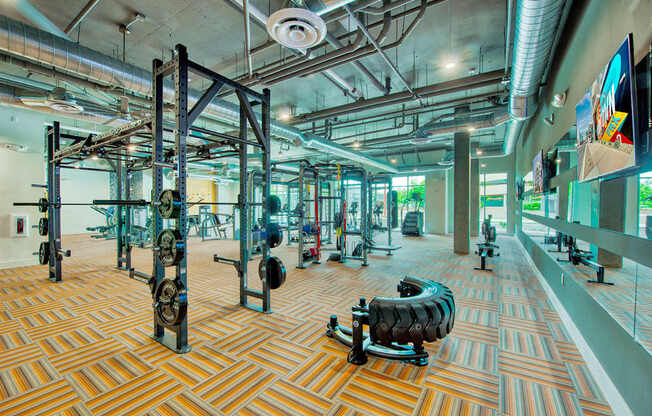 A gym with a variety of equipment including weight machines and free weights.