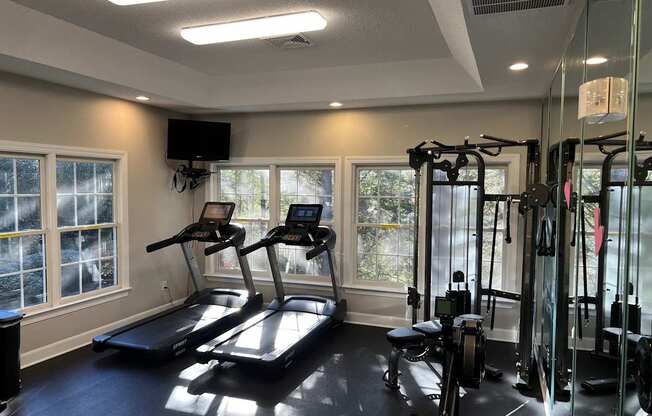 A gym with treadmills, weights, and a television.