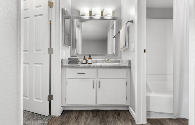 Model bathroom with white vanity