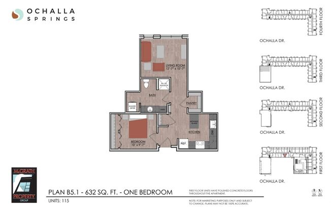 1 bed, 1 bath, 632 sqft, $1,495, Unit 115