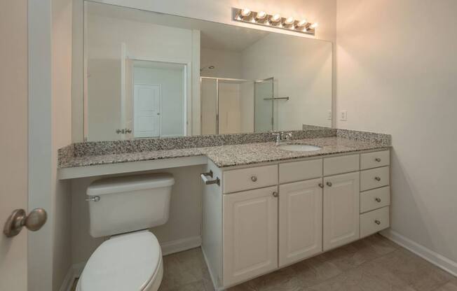 A bathroom with a toilet, sink, and mirror.