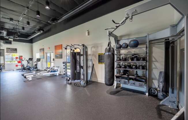 a gym with weights and weights on the wall and a punching bag on the floor