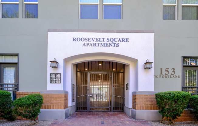 an entrance to Roosevelt Square luxury apartments