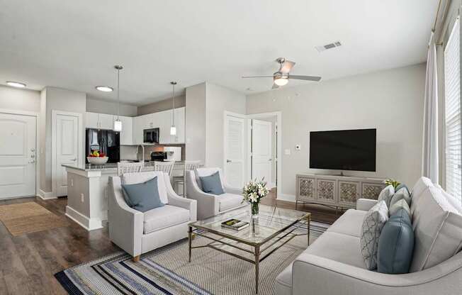 A living room with a grey couch, a coffee table, and a television.